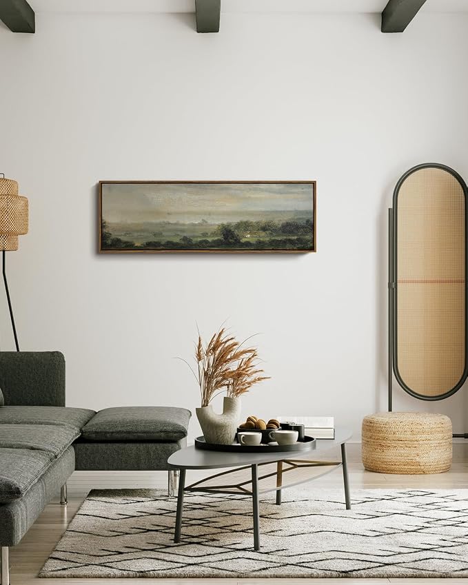 InSimSea Extra Large Framed Vintage Wall Art, Living Room Country Farmhouse Decor, Wild Field under Sky Landscape Paintings, Canvas Prints, Scenery Long Picture for Bedroom Above of Bed,12x36inch