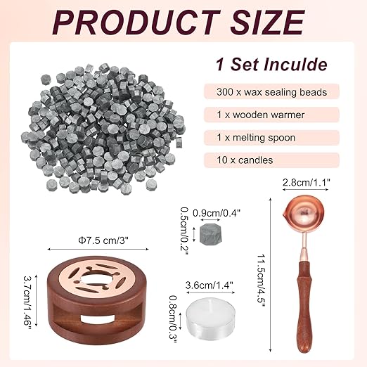 PATIKIL Wax Seal Kit, 300 Pcs Wax Sealing Beads, Wooden Warmer, Melted Spoon, 10 Pcs Tealight Candles for Envelope Letter Mailing Crafts DIY, Silver