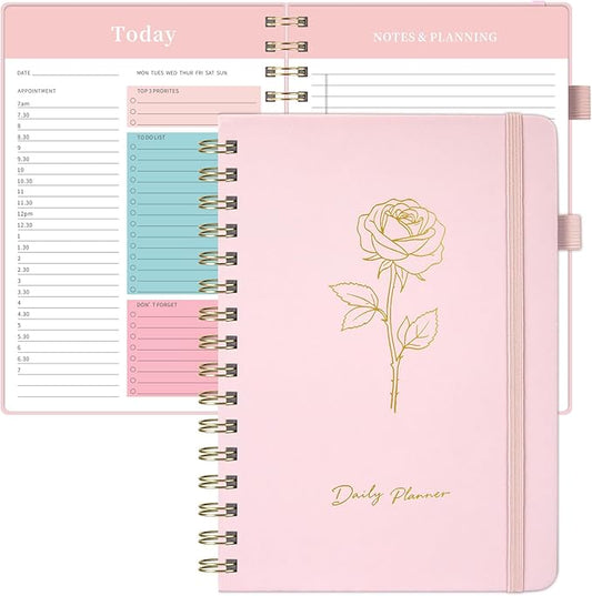 Oucaru Undated Daily Planner, A5 Spiral Notebook with Hourly Schedule, To Do List, Priorities, and Notes for Productivity - Easily Organize Your Tasks, Appointments & Goals for Women