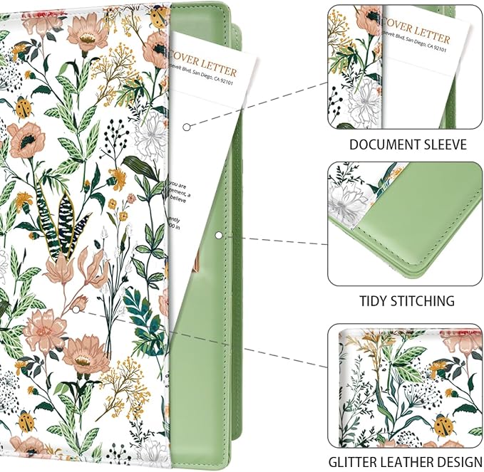 Padfolio/Resume Portfolio Folder for Women, WAVEYU Cute Flower Padfolio Cover Folder, Conference/Legal Document Organizer with Letter/A4 Size Clipboard, Document Sleeve, Green