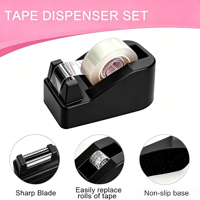 Office Supplies Rotating Pen Holder for Desk with Stapler Staple Remover, Tape Dispenser, Tape Refills, Binder Paper Clips Kit, Scissor,Pen, Ruler & Sticky Tabs,White Office School Supplies(Black)