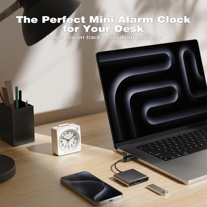 AYRELY® 2.6" × 1.4" Ultra Small Battery Operated Analog Travel Alarm Clock | Silent Non-Ticking Retro Bedside Table Clock with Snooze, Light and Easy Top Alarm Switch for Travel and Bedrooms (White)