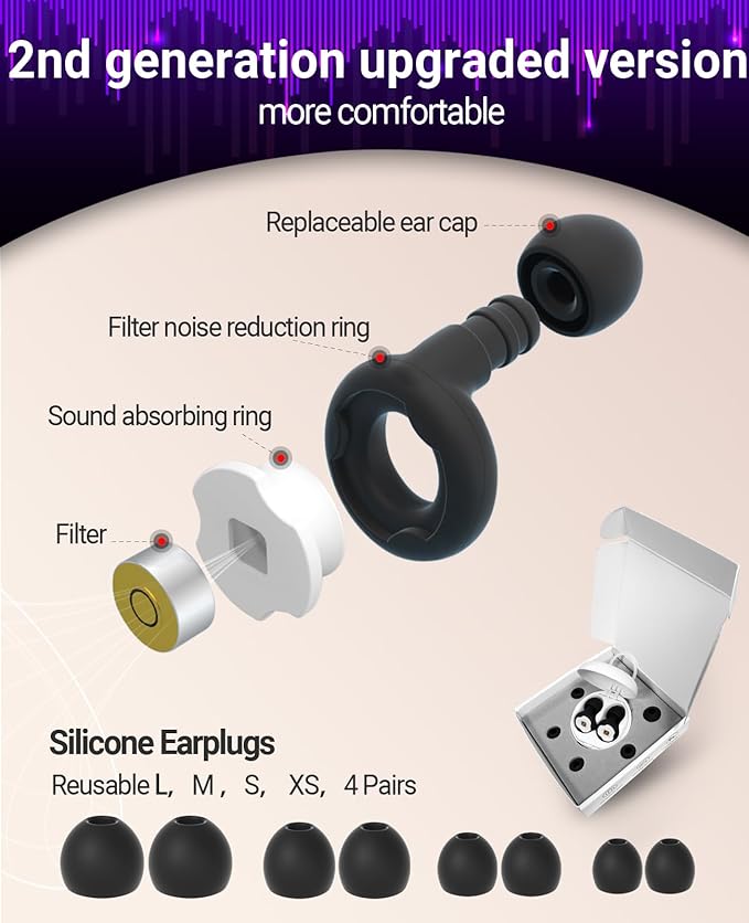 Ear Plugs for Sleeping Noise Cancelling, 27dB EarPlugs for Noise Reduction, High Fidelity Hearing Protection for Musicians and Nightlife, Silicone Earplugs Reusable XS S M L 4 Pairs and Travel Case