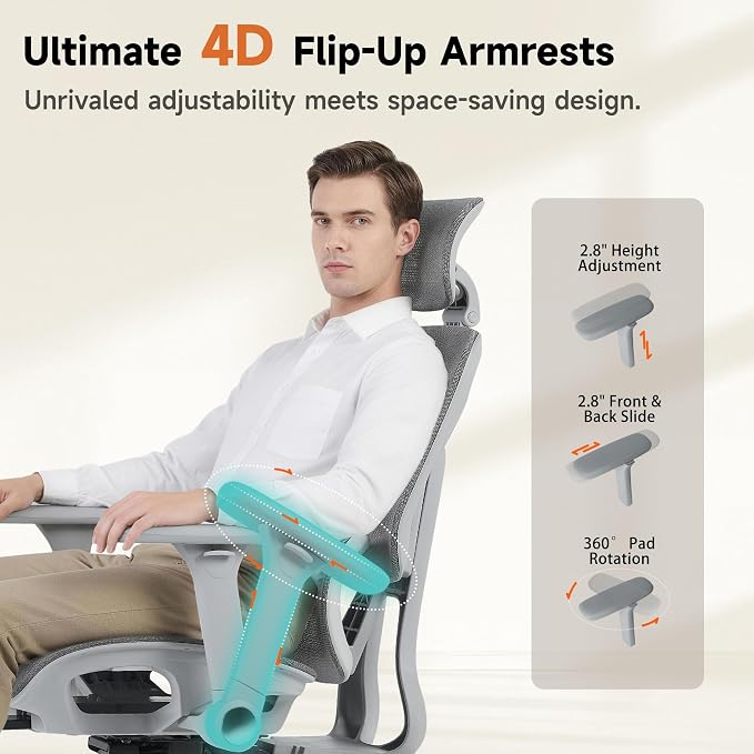 Korser Ergonomic Mesh Office Chair with Footrest, Big and Tall Desk Chair with 4D Flip-Up Arms, Auto-Tracking Lumbar Support, 3D Headrest, High Back Computer Gaming Chair for Home Office, Grey