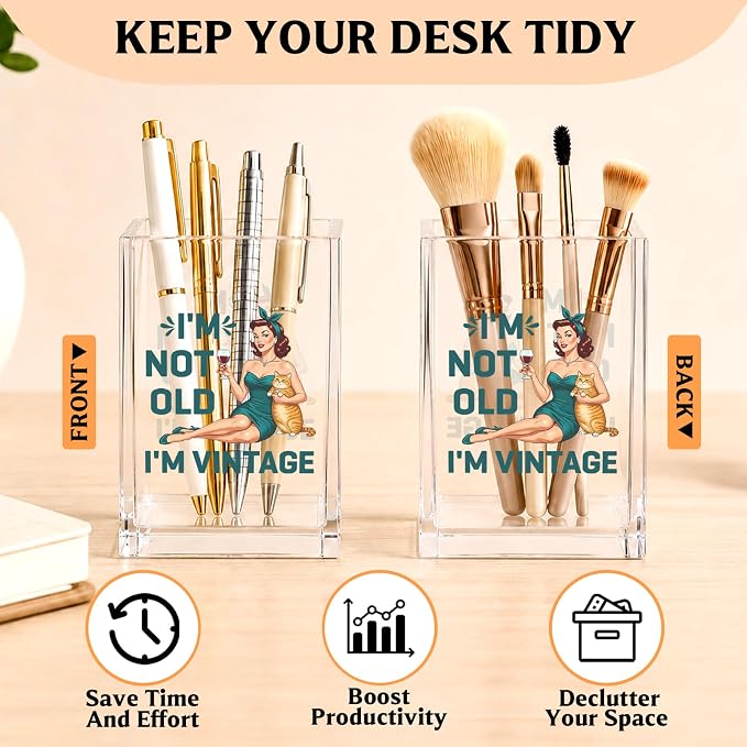 YAZMEEN Vintage Gift Acrylic Pen Holder - I'm Not Old, I'm Vintage Desk Organizer - Office & Home Desk Accessories - Birthday Gift for Women, Mom, Grandma, Friends