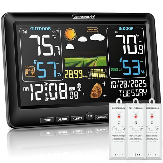 BluSon Weather Station Wireless Indoor Outdoor Thermometer with 3 Sensors | Color Display Digital Temperature Humidity Monitor with Atomic Clock, Weather Forecast, Adjustable Backlight, Barometer Black