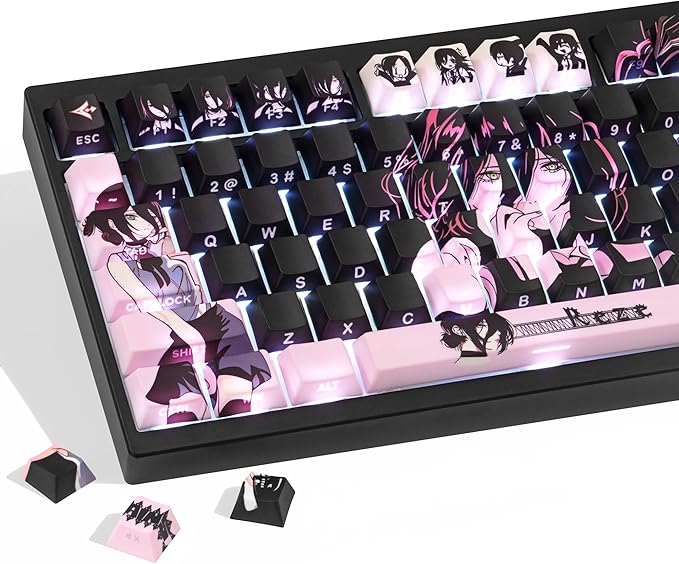 Purple Black Manga Japanese Theme Keycaps, PBT Keycaps 130 Keys Cherry Profile Dye - Sublimation Keycap Shine Through Custom Key Cap Set for Cherry Gateron MX Switches Mechanical Keyboard.
