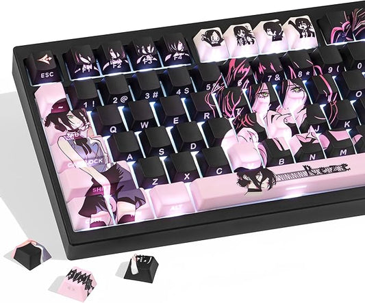 Purple Black Manga Japanese Theme Keycaps, PBT Keycaps 130 Keys Cherry Profile Dye - Sublimation Keycap Shine Through Custom Key Cap Set for Cherry Gateron MX Switches Mechanical Keyboard.