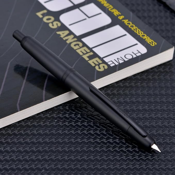 Jinhao 20 Press Fountain Pen, Matte Black Retractable Medium Nib with Ink Converter Set (Black Clip)
