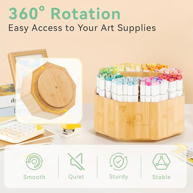 Ohuhu 360° Rotating Marker Organizer Holds 162 Honolulu & B Oahu Markers | 360-Degree Rotating Bamboo Desktop Storage Markers Pens Pencil Holder with 10 Compartments for Home Classroom Office Decor