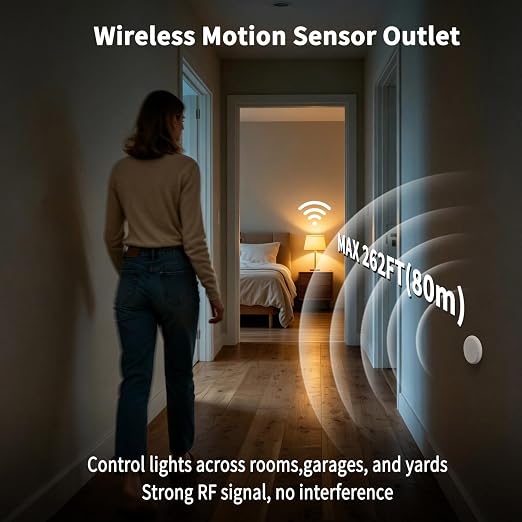 NineLeaf Wireless Motion Sensor Outlet, 15A/1500W, Adjustable Sensing Mode, 260FT Wireless Light Switch Transmitter, No Wiring, Long Time Delay, for Lights, Bathroom Fan, Garage(1Sensor 5Plugs)