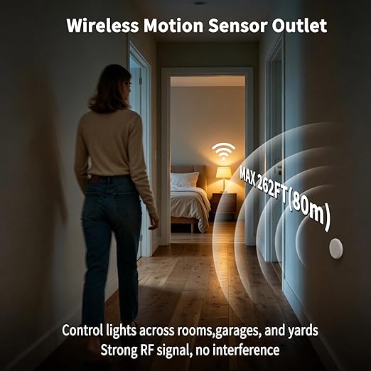 NineLeaf Wireless Motion Sensor Plug, PIR Sensor Outlet with Timer Setting to Auto Turn On/Off, Adjustable Detection Range, 15A/1500W Remote Control Plug for Christmas Lights, Fans(2Sensor 2Plugs)