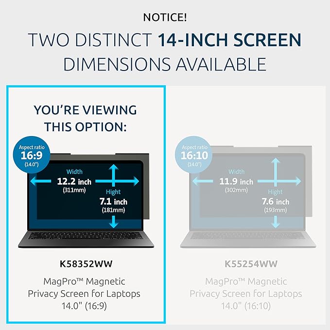 Kensington MagPro™ Magnetic Laptop Privacy Screen 14 inch, Removable 16:9 Laptop Privacy Filter, Anti-Glare, Blue Ray Reduction, Dell Latitude 5420, HP Elitebook 840 G6-G8, Lenovo, Asus (K58352WW)