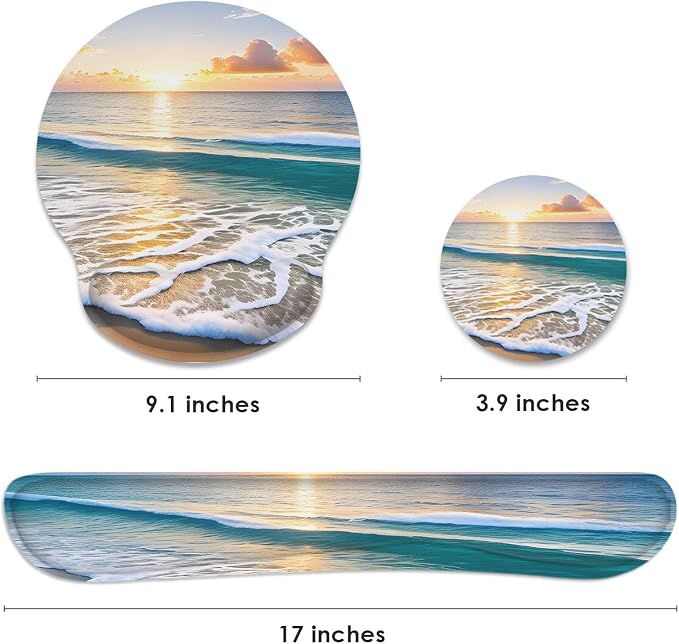 Britimes Summer Beach Sun Ergonomic Mouse Pad Set with Wrist Rest Non-Slip Rubber Base Wrist Cushion Support and Coasters Mousepad with Wrist Support for Computer Keyboard and Desk
