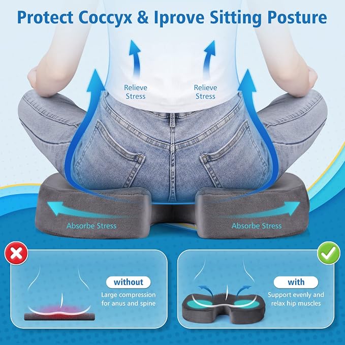 CloudBliss Gel Memory Foam Seat Cushion for Long Sitting, X-Large, Grey | Gel Chair Pad for Tailbone, Coccyx, Sciatica , Soft Suede Cover, Non-Slip , Washable Mesh, for office, home, car