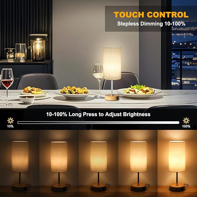 Unicozin Small Table Lamp, 3CCT & 7 RGB Color Changing, Dimmable Nightstand Lamp with Wood Grain Base, Touch Bedsides Lamp for Bedroom, Office, Kids Room, Nursery, Party, Beige Shade