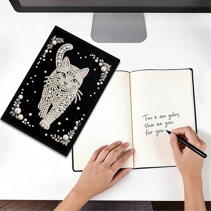 FRANDEK Pearl Painting Notebook Kit, Cute Cat A5 DIY Journal with 50 Blank Pages, Diamond Gem Art Cover with Waterproof Canvas, Beginner Craft Set with Full Tools for Adults