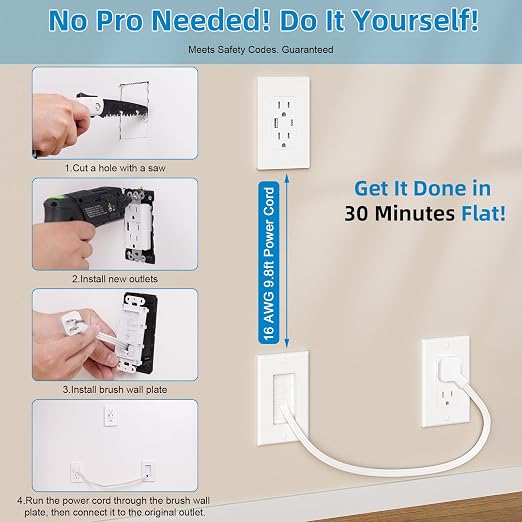 in Wall Cable Management Kit,Recessed Outlet Box for Wall Mount TV,Recessed Power Box with AC/USB-C/USB-A Ports & 9.8ft Extender for Unreachable Outlets,Hide TV Cords & Cables
