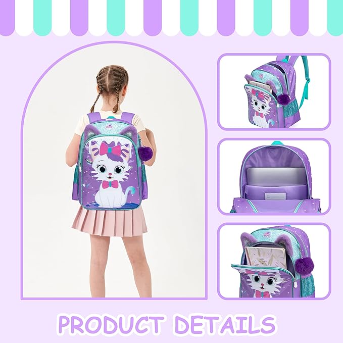 Backpack for School Backpacks for Girls Backpack with Lunch Box Cute Schoolbag for Kids School Supplies for Kids Cute Cat School Bag for Girls