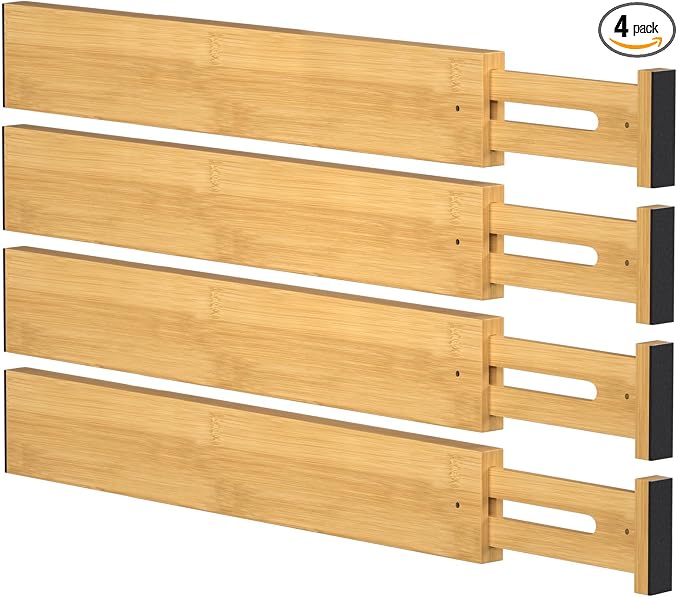 FUSHITON Bamboo Drawer Dividers 17"-22" Adjustable Expandable Drawer Organizers Spring Loaded Drawer Separators for Kitchen Dresser Bathroom Bedroom Office Storage, 4 Pack