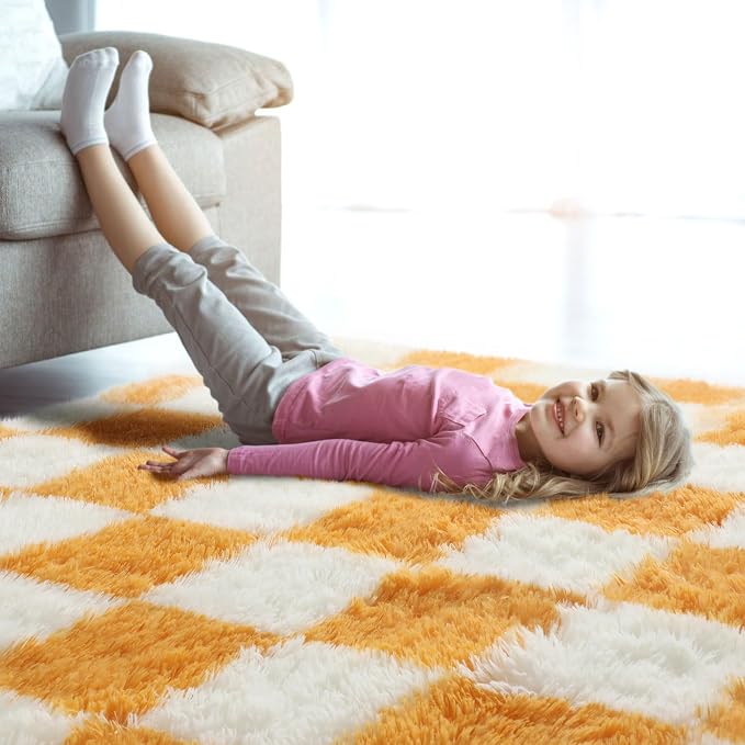 KICMOR 4x6 Rugs for Bedroom Living Room, Orange and Cream White Fluffy Fuzzy Checkered Shag Area Rug Shaggy Bedside Carpet, Furry Plush Soft Rug for Kids Boys Girls Room Nursery Playroom Home Decor