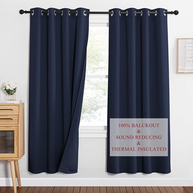 NICETOWN Noise Insulation Curtain Panels, Energy Smart & 100% Blackout Drapes for Dining Room Window, Thermal Insulated Office Lined Window Dressing for Privacy and Quiet(Navy, 52 x 72 inch)