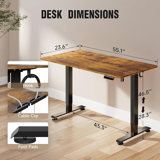 Veken 55 Inch, Height Adjustable Sit Stand Up, Wood Desktop, Work Home Office Computer PC Table, Tall Standup Workstation, Gaming Writing Study Bedroom Rising Desks, Brown