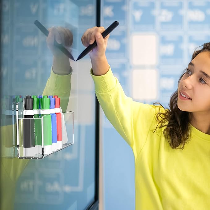 Magnetic Dry Erase Marker Holder for Whiteboard, Adhesive Marker Organizer for Refrigerator, Acrylic Pen Holder for Locker Accessories, Locker Organizer for Work, Pencil Cup for Desk, Clear