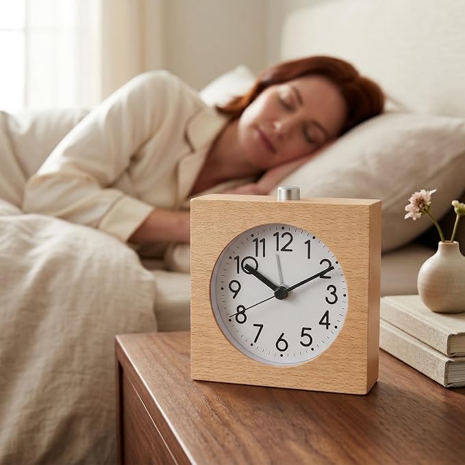 Wooden Alarm Clock Silent Battery Operated with Night Light Snooze | Non-Ticking Wood Body for Heavy Sleepers Bedroom Bedside Yellow