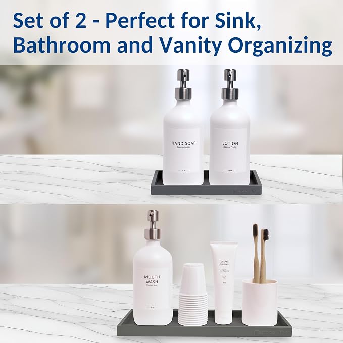 Countertop & Vanity Silicone Tray – 2 PC (11.7" & 7.7") Set | Bathroom Tray & Kitchen Soap Tray Set, Bathroom Counter Tray, Kitchen Sink Dish Soap Tray for Countertop Organization