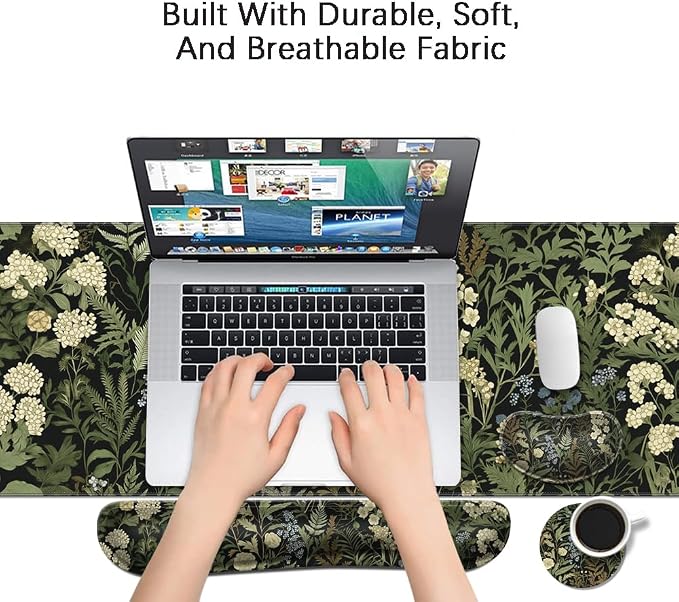 Desk Mat, Large Gaming Mouse Pad with Wrist Rest, 4 in1 XXL Mouse pad+Keyboard Wrist Rest+Mouse Pad Wrist Support+Cup Coaster Set, Ergonomic Desk Pad for Home Office,Weeds