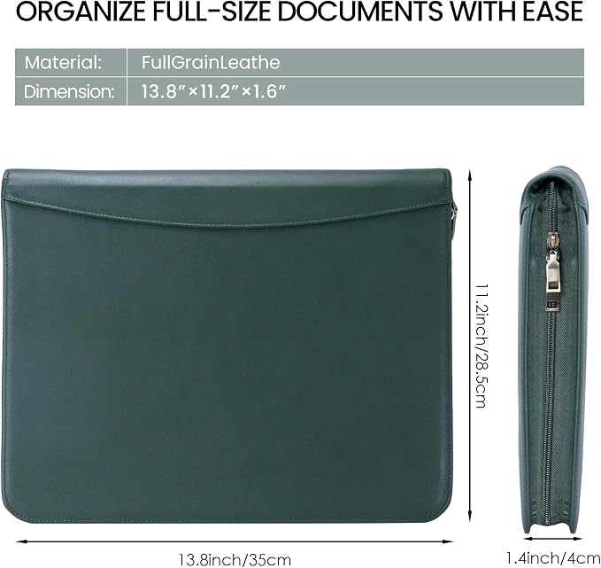 Genuine Leather Zippered Padfolio with 3 Ring Binder, A4/Letter Portfolio Organizer for Work, Fits 13.9" Laptop, Business Folder with Notepad Holder, Meetings & Interviews (Green)