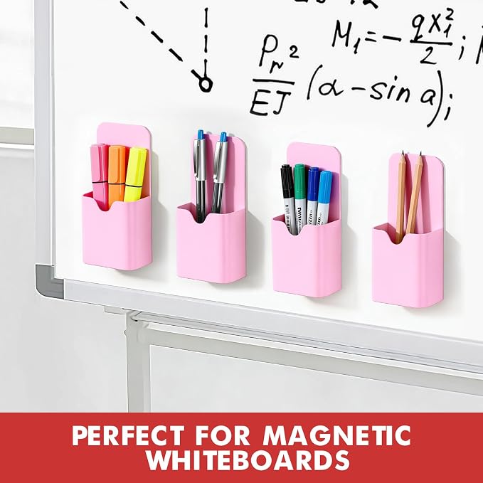 BEYGORM 4 Pack Magnetic Pen Holder for Whiteboard, Upgraded 1.5 mm Pencil Cup Organizer for Dry Erase Markers, Ideal Classroom, Office, Refrigerator, Locker (Pink)