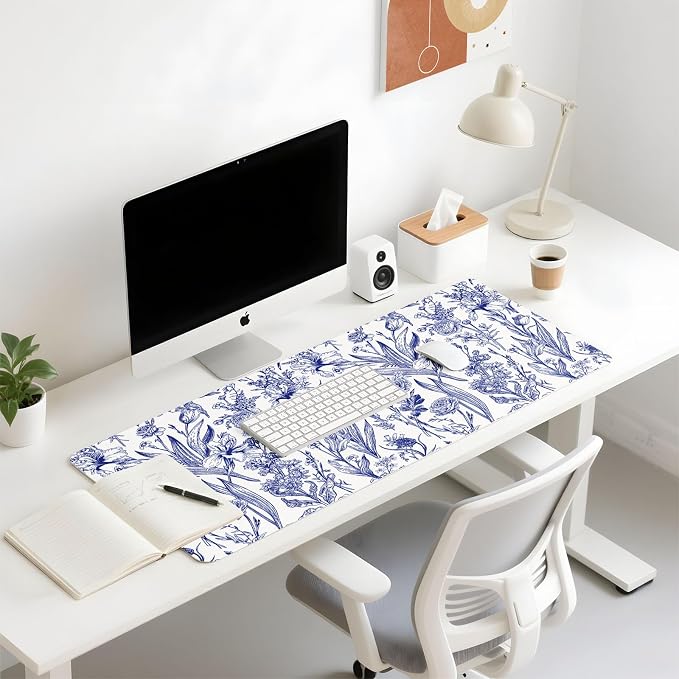 Mouse Pad Leather Desk Mat Large Keyboard Cute Office Desktop Computer Laptop XXL Long Big Aesthetic Modern Design Women Girls Gaming Gamer Oversized Wide Mousepad 31.5"x15.7", Blue Flower