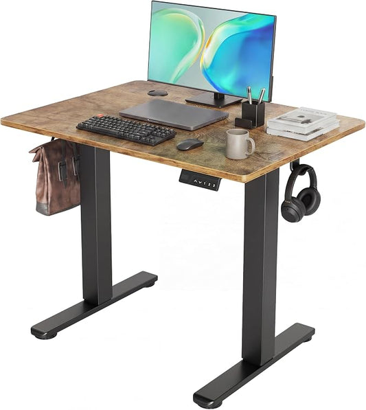 Claiks Electric Standing Desk 35x20 Inch Adjustable Desk, Rustic Brown | 156lbs weight capacity, 3 memory presets, industrial steel frame, cable management hub, adjustable height , easy assembly