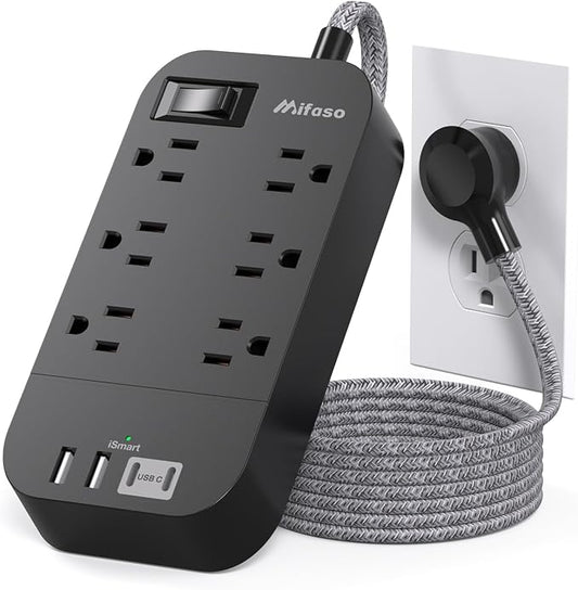 Power Strip - 10 FT Long Flat Plug Extension Cord, 6 Outlets 4 USB Ports (2 USB C) Outlet Extender, Wall Mount, Desktop Charging Station for Home, Office and Dorm Essential, Black