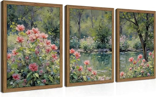 Framed Monet Wall Art Set of 3, Impressionist Botanical Floral Canvas Wall Decor, Vintage Cottagecore Artwork Paintings, Nature Landscape Flowers Prints Pictures for Living Room Bedroom 16x24 Inch