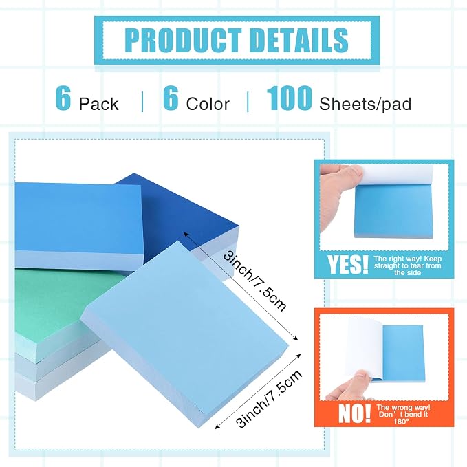 Sticky Notes 3 x 3 Inch Coastal Colors Self Stick Pads Blue Color Notepads Easy to Post for Home, Office, Notebook,100 Sheets/pad(6 Packs)