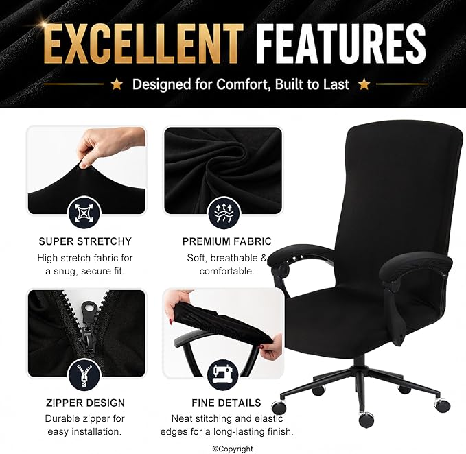 Water Resistant Stretch Computer Office Chair Cover with Armrest Covers Durable Zipper Universal Washable Removable Spandex Rotating Boss Chair Slipcovers Anti-dust Soft Desk Chair Seat Protector