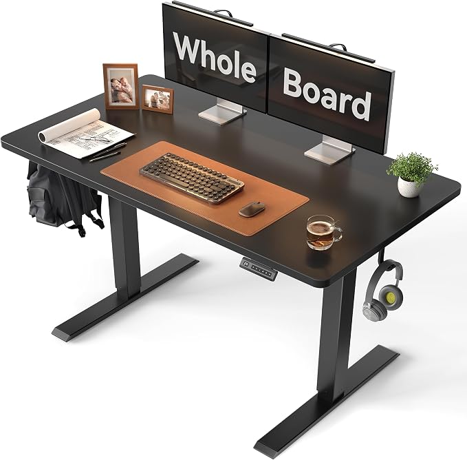 CubiCubi 48 x 24 Large One-Piece Standing Desk, Adjustable Height Electric Computer Home Office Sit Stand up Workstation, with 4 Memory Presets, Headphone Hook, Black