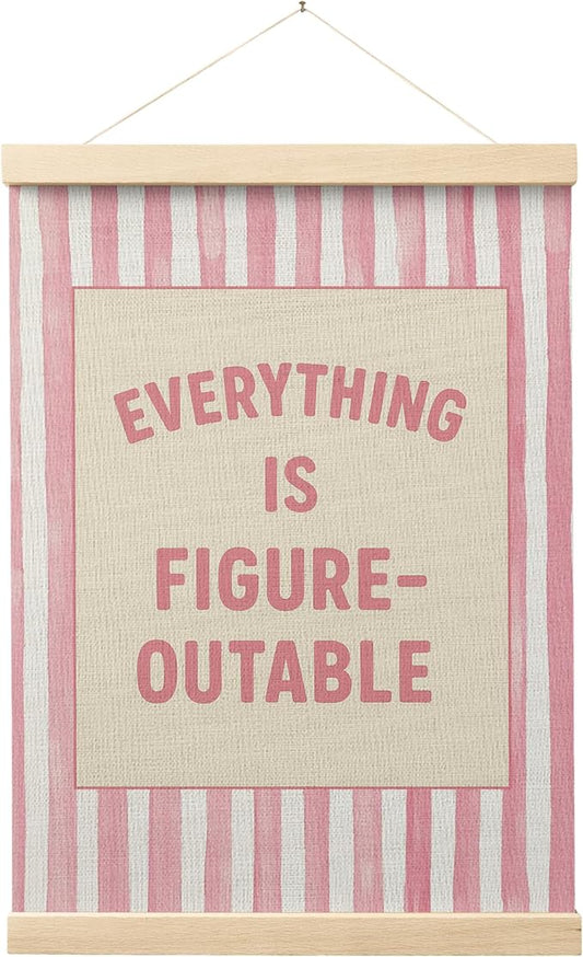 FGFK Preppy Pink Striped Everything Is Figureoutable Inspirational Framed hanging Canvas wall art Poster Prints office dorm room decor for women, Motivational posters decorations for home bedroom,12x16 Inch