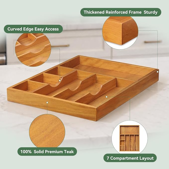 Teak Silverware Organizer For Drawer, Flatware Silverware Storage Tray | 2 Removable Drawer Dividers | Space-Saving Storage for Spoons Forks Knives | Fits 16 in drawers | (7 slots)