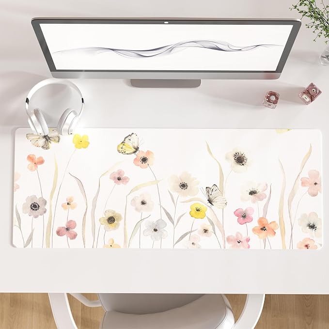 Colorful Star Large Mouse Pad, Watercolor Floral Desk Mat Office Supplies, Waterproof PU Leather Gaming Mousepad for Women Girls, Butterflies Desk Pad Home Office Décor Accessories 31.5" x 11.8"
