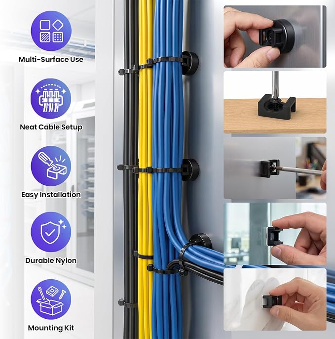 Magnetic Zip Tie Mount, 24 PCS Magnetic Wire Holders, 25 LBS Cable Tie Mount Kit with Adhesive Pads, Screws and Zip Ties for Home, Garage, Office, Workshop, RV and Marine Cable Management