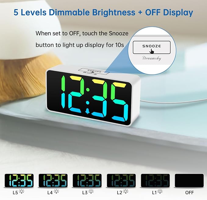 DreamSky Small Digital Alarm Clock for Bedroom, RGB Desk Clock for Kid Girl | Electric Clock with Large Numbers for Bedside Nightstand, Dimmer, Adjustable Alarm Volume, USB Port, USB-C Adapter Powered