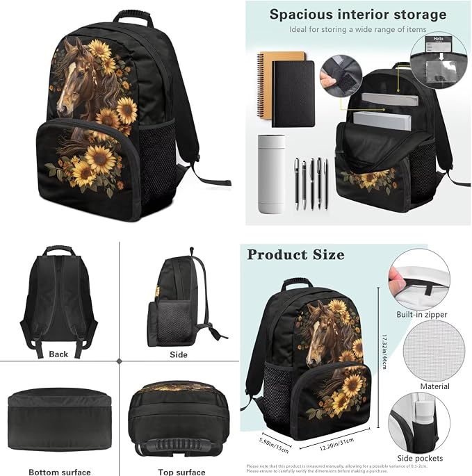 Ystardream Cool Horse Backpack for Girls 6th Grade Kids School Backpack with Lunch Box Set Elementary Student Back To School Bookbag with Water Bottle Sleeve & Pencil Case for Teenager,Black