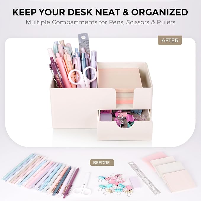SKYDUE Small Desk Organizer with Drawer | 3 Compartments, Pen Holder for Desk, For Home, School, Office & College Dorm Room