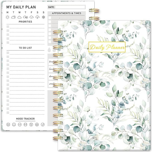 Daily Planner Undated - 6.5"x8.5" To Do List Notebook Spiral Appointment Planner to Organize Tasks & Boost Productivity, Perfect Office & School Supplies for Women & Men, Greenery