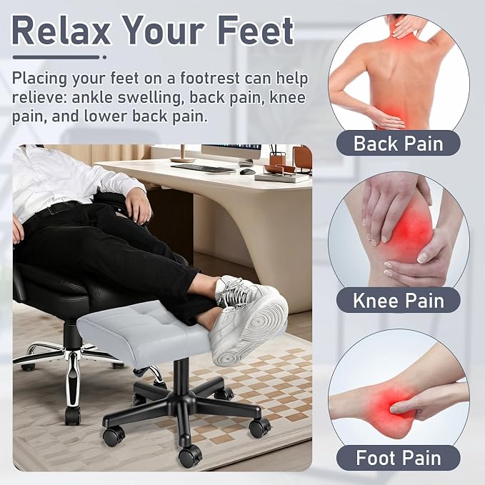 Footrest Under Desk Leg Rest Ottoman Adjustable Height Foot Stool with Wheels Leather Footrest Grey