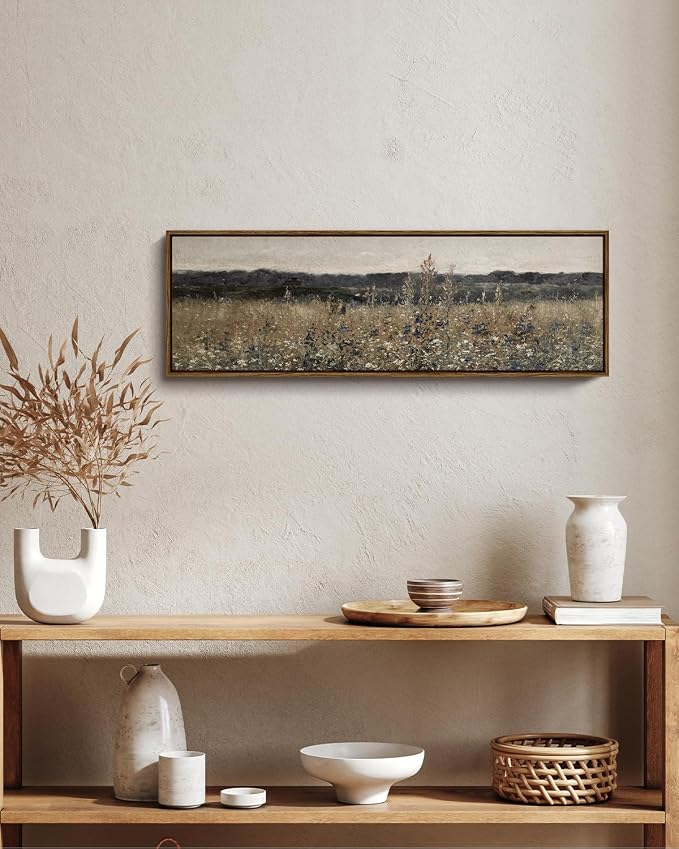 InSimSea Extra Large Framed Vintage Wall Art, Living Room Country Farmhouse Decor, Flower Meadow Landscape Paintings, Canvas Prints, Retro Scenery Long Pictures for Bedroom Above of Bed,12x36inch